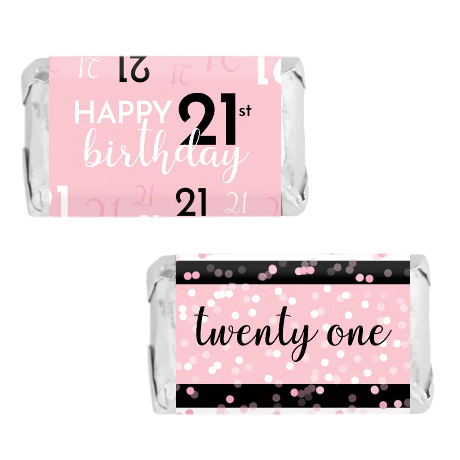 21st Birthday: Pink and Black - Adult Birthday - Hershey's Miniatures Candy Bar Wrappers Stickers - 45 Stickers - Distinctivs Party