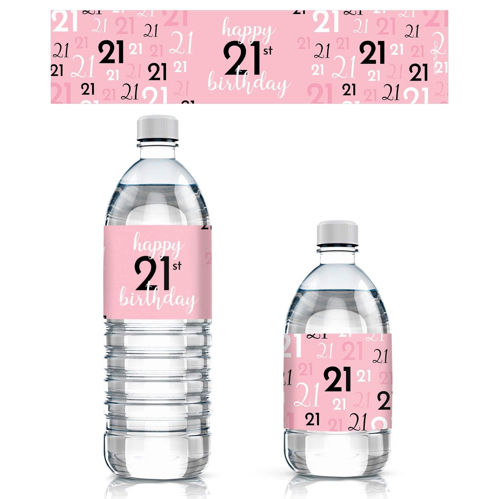 21st Birthday: Pink and Black - Adult Birthday - Water Bottle Label Stickers - 24 Waterproof Stickers - Distinctivs Party
