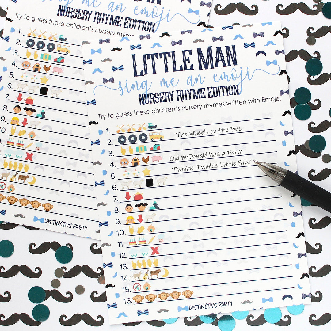 Little Man: Baby Shower Game - Cartas de juego Emoji de rima infantil - Niño, pajarita - 20 cartas