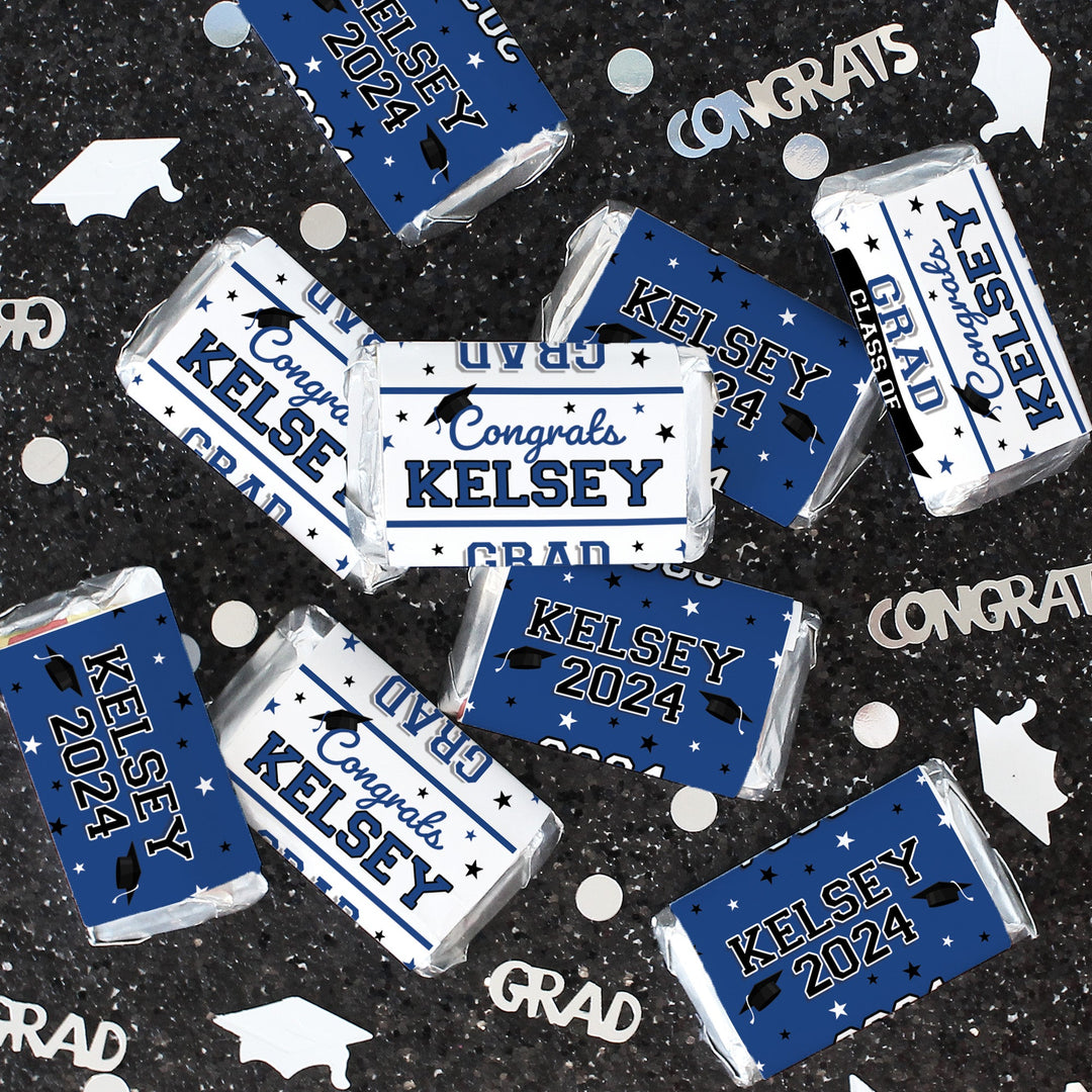 Personalized Graduation: 16 Color Choices - Custom Name and Year - Mini Candy Bar Wrappers - Fits on Hershey® Miniatures - 45 or 250 Stickers