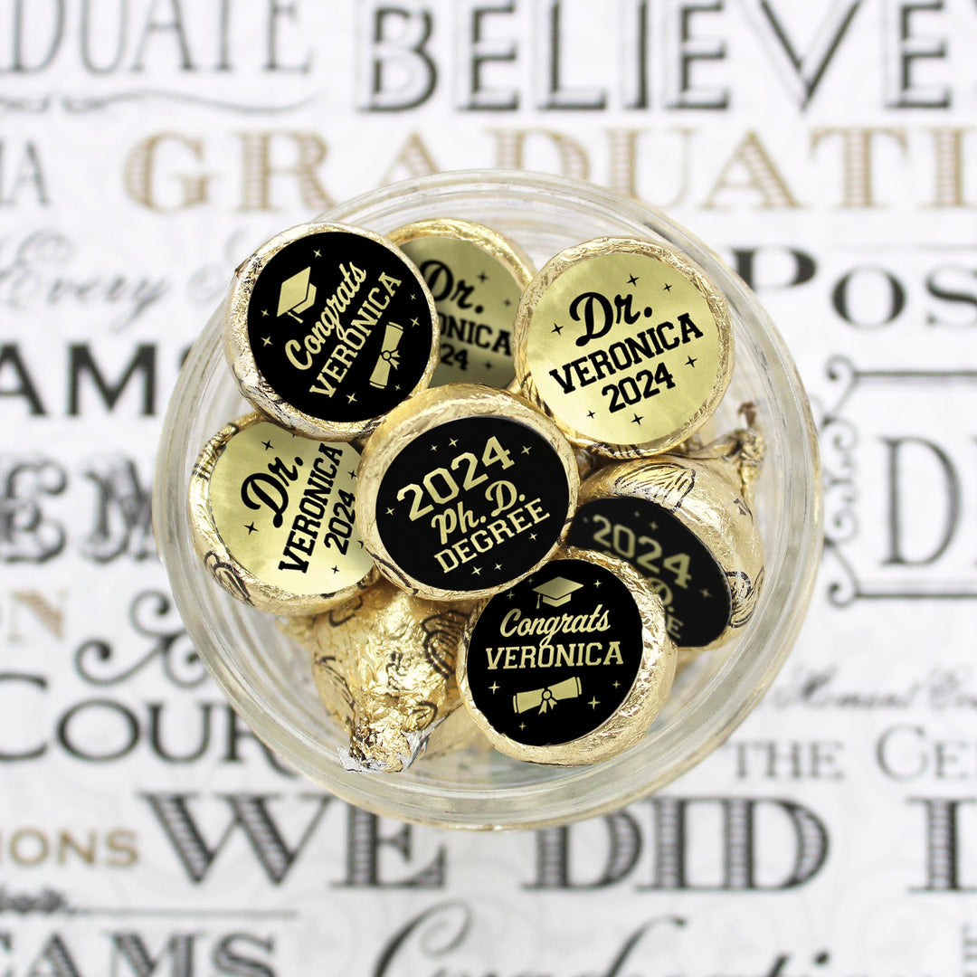 Personalized PhD Graduation: Black and Gold - Custom Name & Year - Party Favor Stickers -  Fit Hershey® Kisses - 180 Stickers