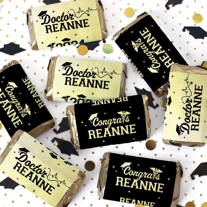 Personalized MD Medical Degree Graduation: Black and Gold - Custom Name & Year - Candy Bar Wrappers - Fits on Hershey® Miniatures - 45 Stickers