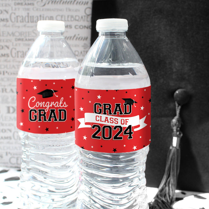 Promoción de graduación de 2024: obsequios para la fiesta de graduación - Etiquetas para botellas de agua - 10 colores escolares - 24 pegatinas impermeables