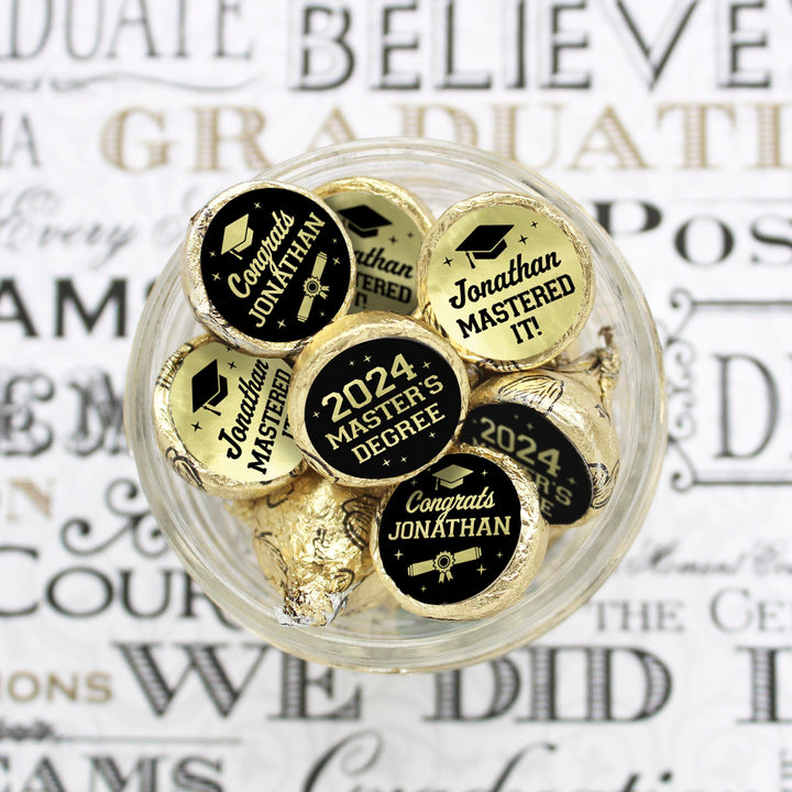 Personalized Master's Degree Graduation: Black and Gold - Custom Name & Year - Fits on Hershey® Kisses - 180 Stickers