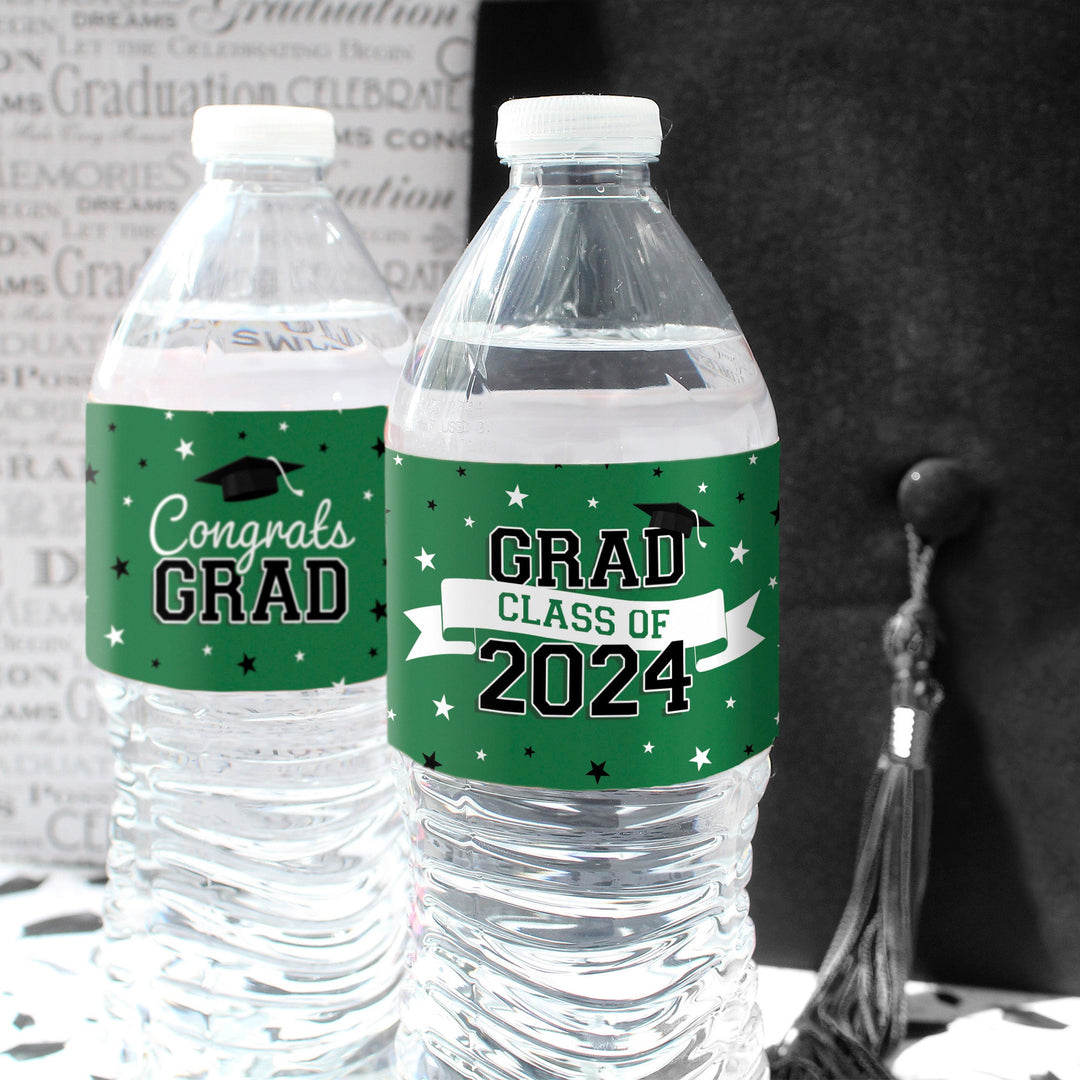 Promoción de graduación de 2024: obsequios para la fiesta de graduación - Etiquetas para botellas de agua - 10 colores escolares - 24 pegatinas impermeables