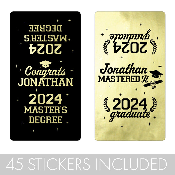 Personalized Master's Degree Graduation: Black and Gold - Custom Name & Year - Candy Bar Wrappers - Fits on Hershey® Miniatures - 45 Stickers