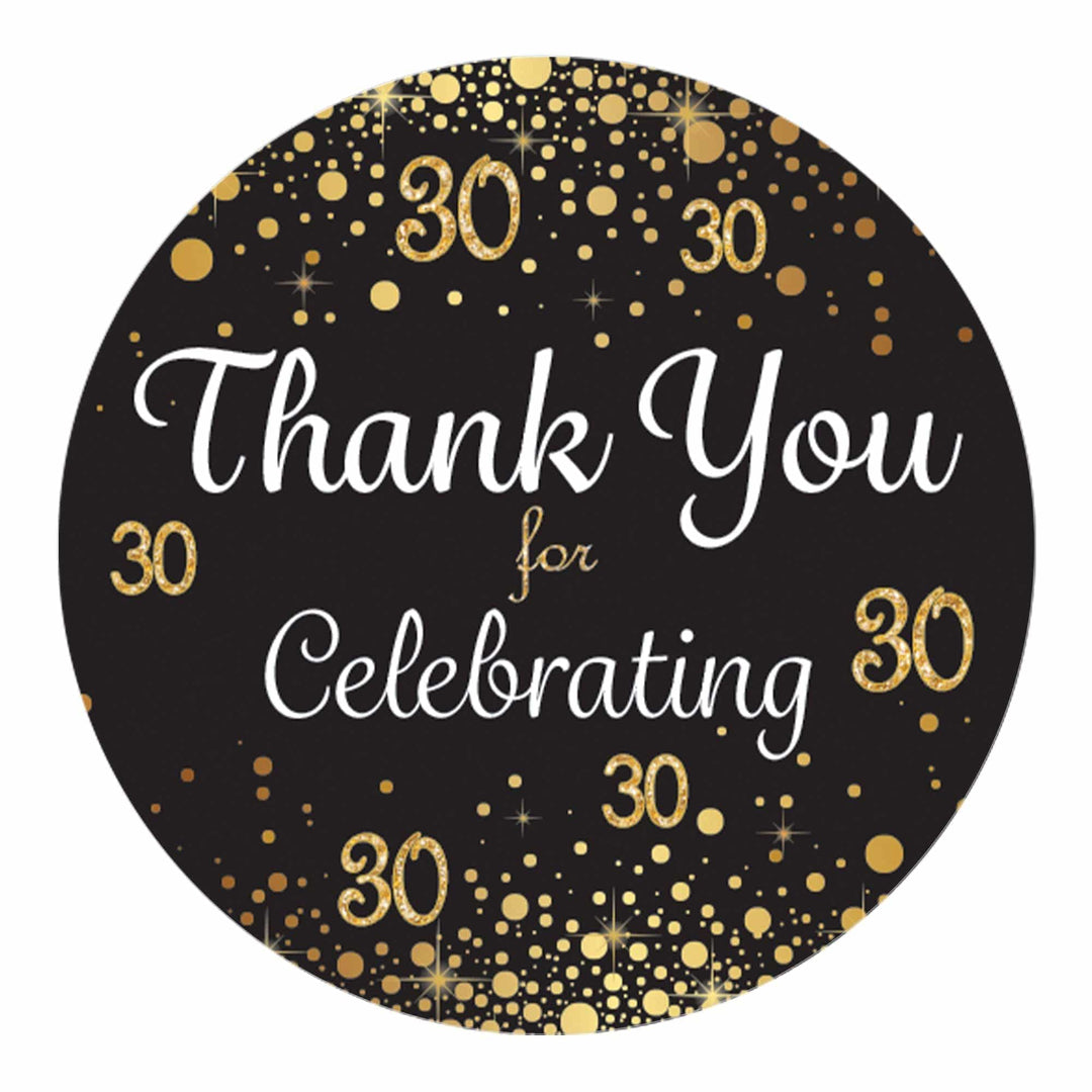 30th Sticker Black and Gold 30th Birthday Thank You Stickers