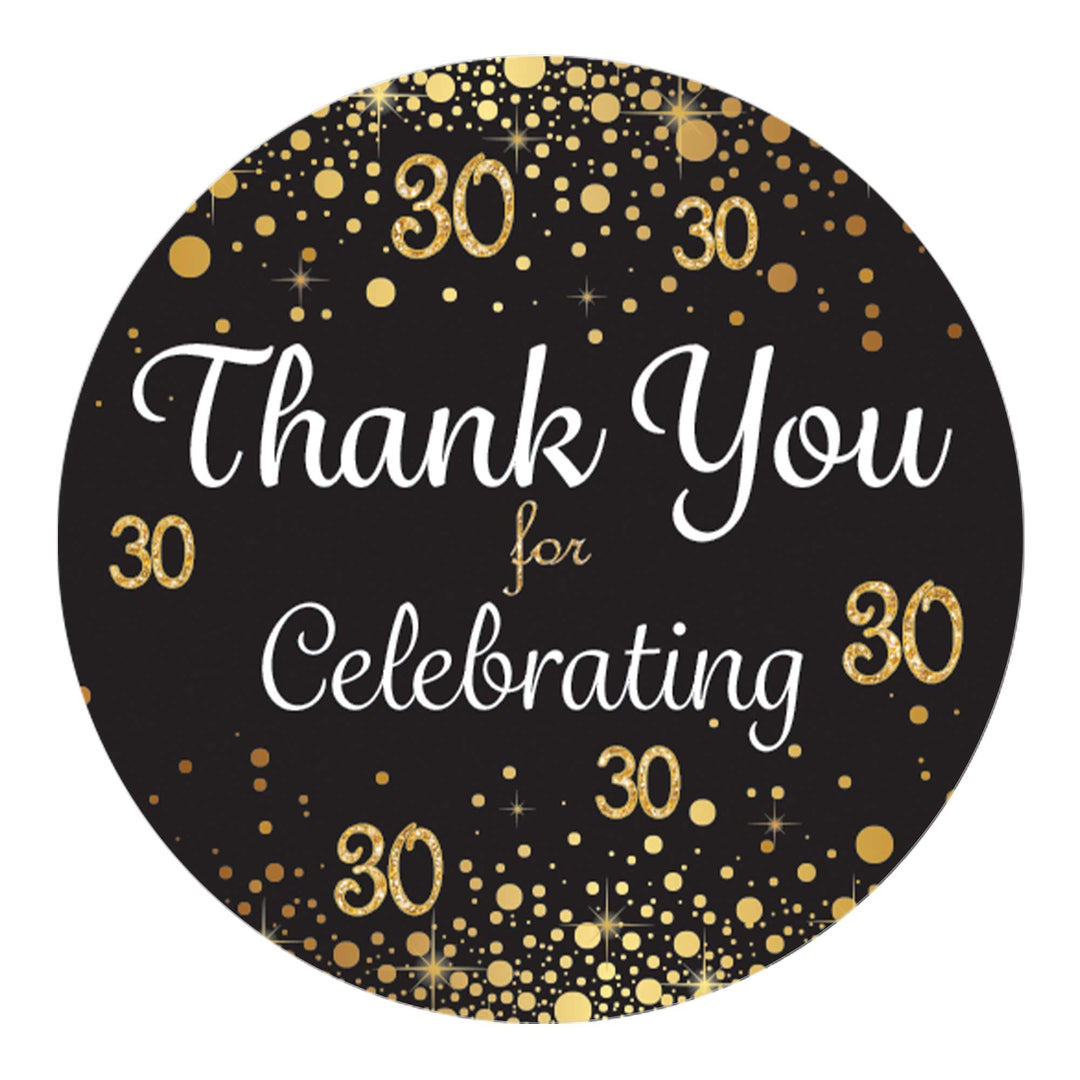 30th Birthday: Black & Gold - Adult Birthday - Thank You Stickers - 40 Stickers - Distinctivs Party