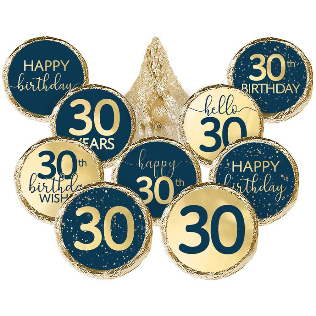 30th Birthday: Navy Blue & Gold  - Adult Birthday - Hershey's® Kisses Candy Stickers - 180 Stickers - Distinctivs Party