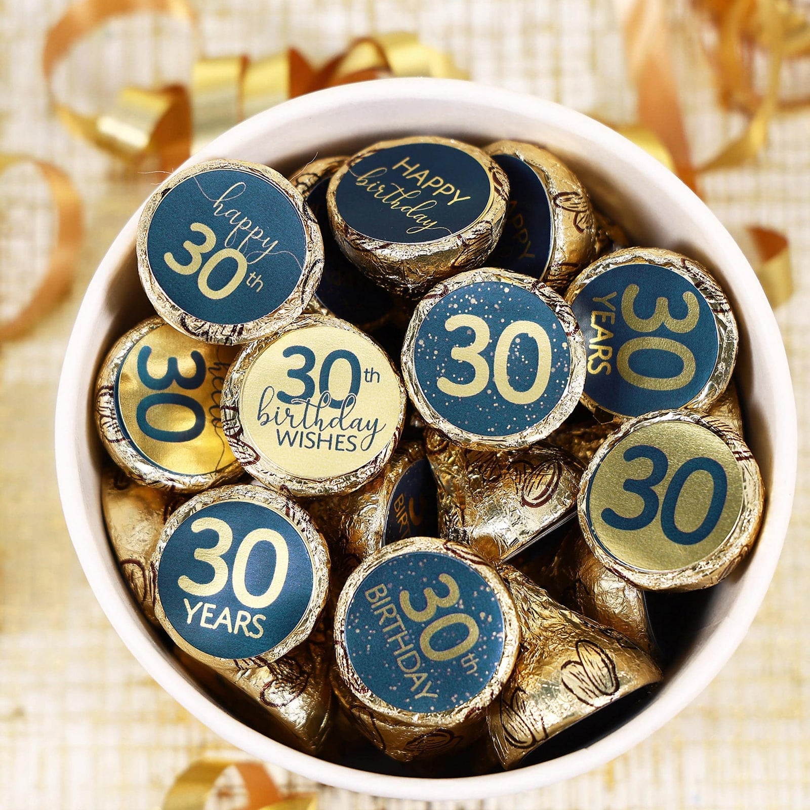 30th Birthday: Navy Blue & Gold  - Adult Birthday - Hershey's® Kisses Candy Stickers - 180 Stickers - Distinctivs Party