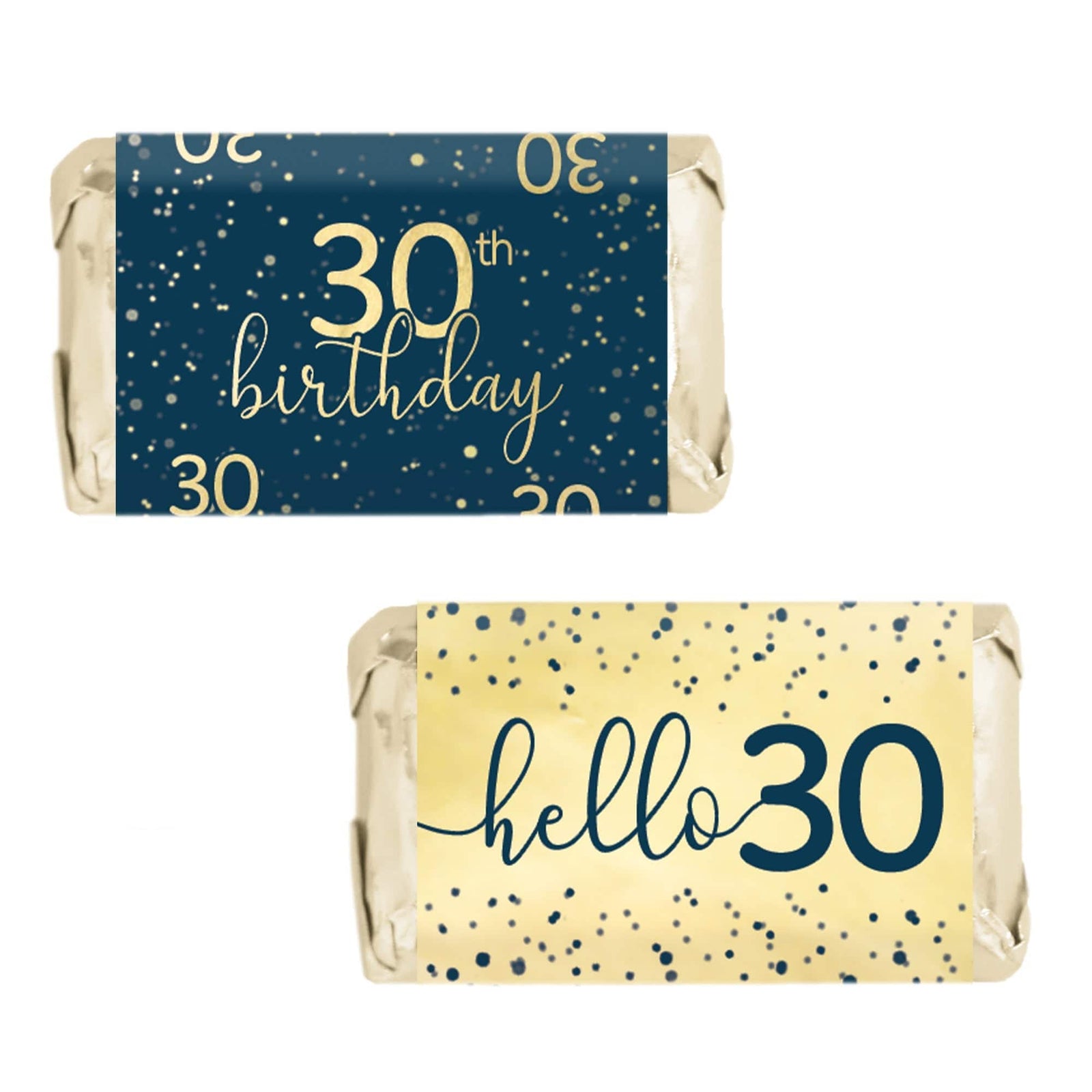 30th Birthday: Navy Blue & Gold - Adult Birthday - Hershey's® Miniatures Candy Bar Wrappers Stickers - 45 Stickers - Distinctivs Party