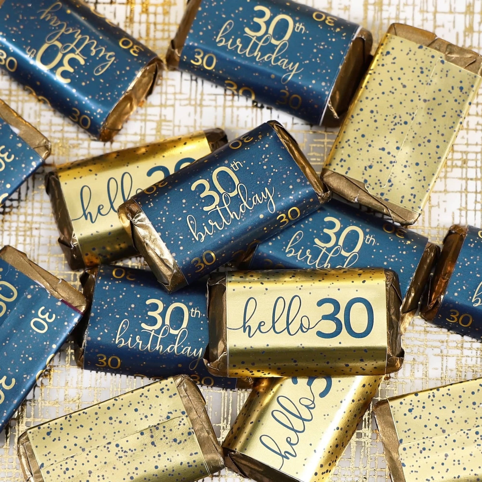 30th Birthday: Navy Blue & Gold - Adult Birthday - Hershey's® Miniatures Candy Bar Wrappers Stickers - 45 Stickers - Distinctivs Party