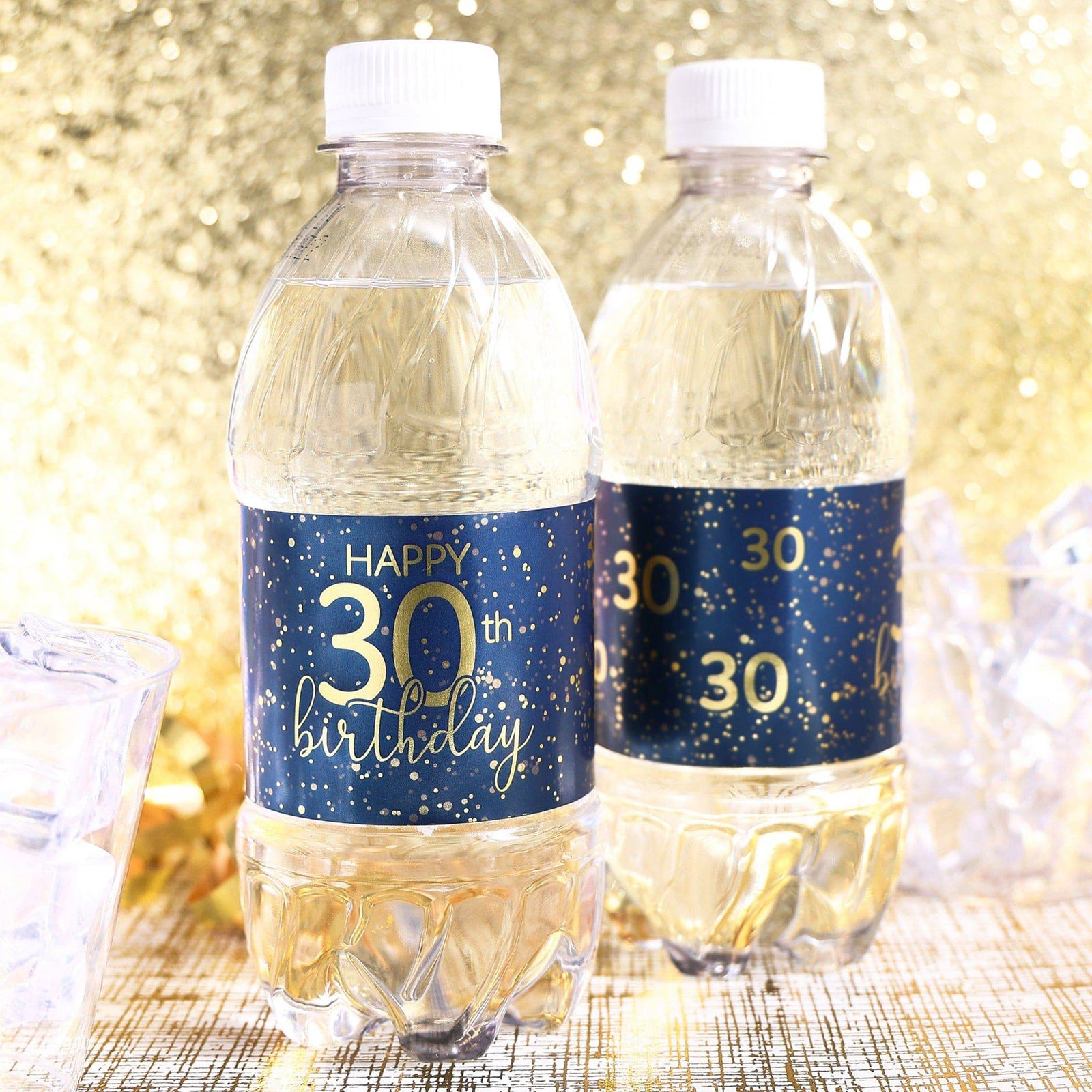 30th Birthday: Navy Blue & Gold - Adult Birthday - Water Bottle Labels - 24 Waterproof Stickers - Distinctivs Party