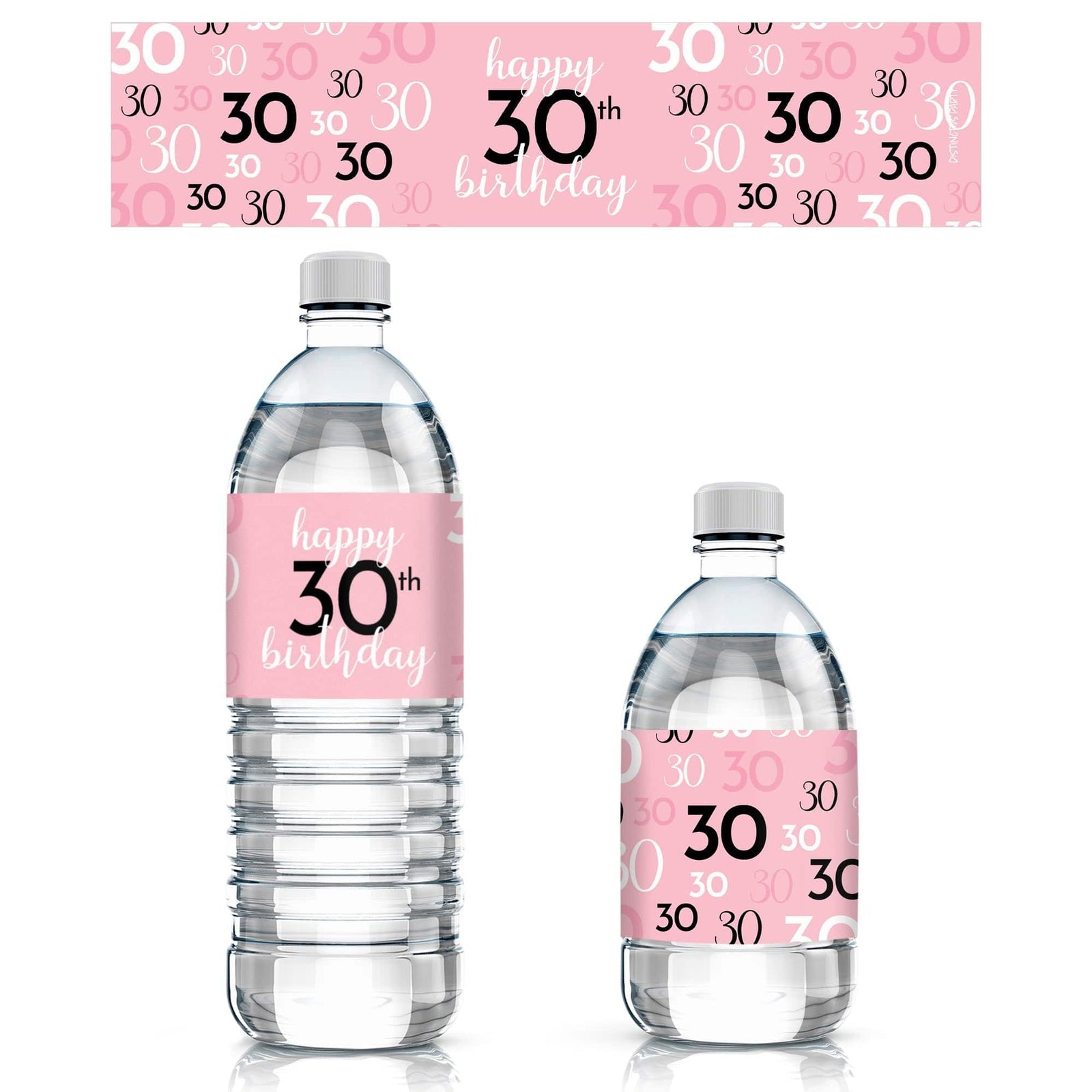 30th Birthday: Pink and Black - Adult Birthday - Water Bottle Label Stickers - 24 Waterproof Stickers - Distinctivs Party