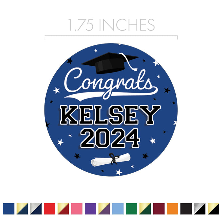 Personalized Graduation: 16 Color Choices - Custom Name and Year - Party Favor Labels for Envelopes, Bag Seals - 40, 100, or 250 Stickers