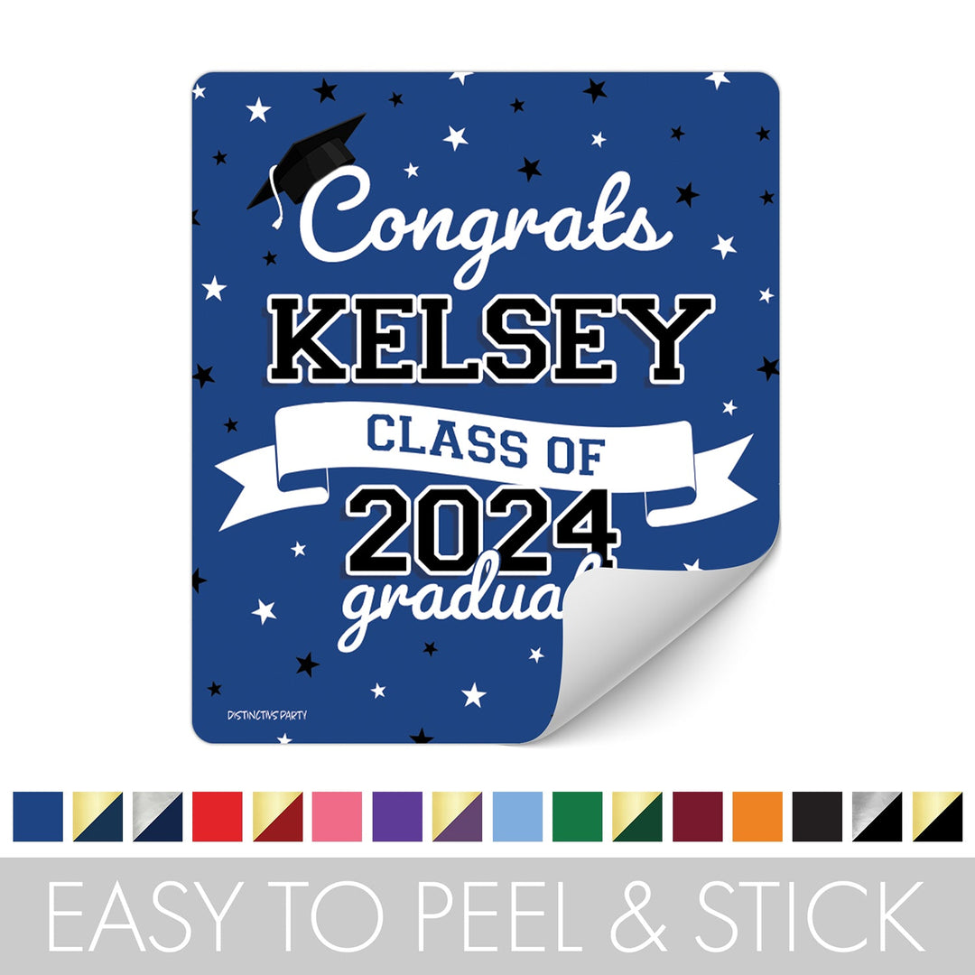 Personalized Graduation: 16 Color Choices - Custom Name and Year - Party Favor - Chip Bag and Snack Bag Stickers - 32 or 96 Stickers