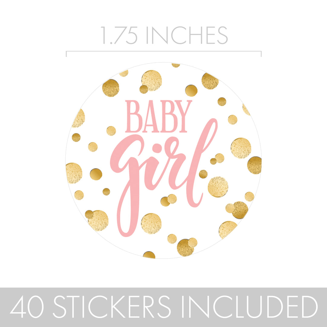 Gold Confetti: Pink - It's a Girl Baby Shower Circle Label Stickers - 40 Stickers