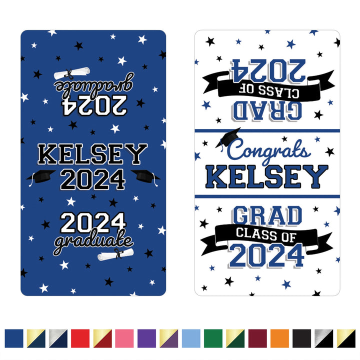 Personalized Graduation: 16 Color Choices - Custom Name and Year - Mini Candy Bar Wrappers - Fits on Hershey® Miniatures - 45 or 250 Stickers