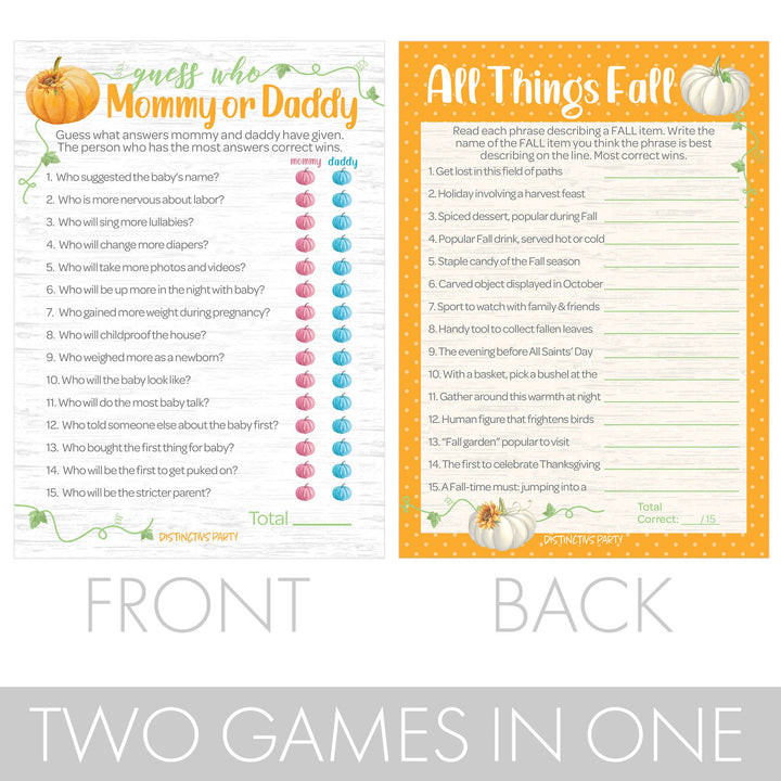 Little Pumpkin: Orange -  Baby Shower Game - "Guess Who" Mommy or Daddy and All things Fall Party Activity - Two Game Bundle - 20 Dual Sided Cards
