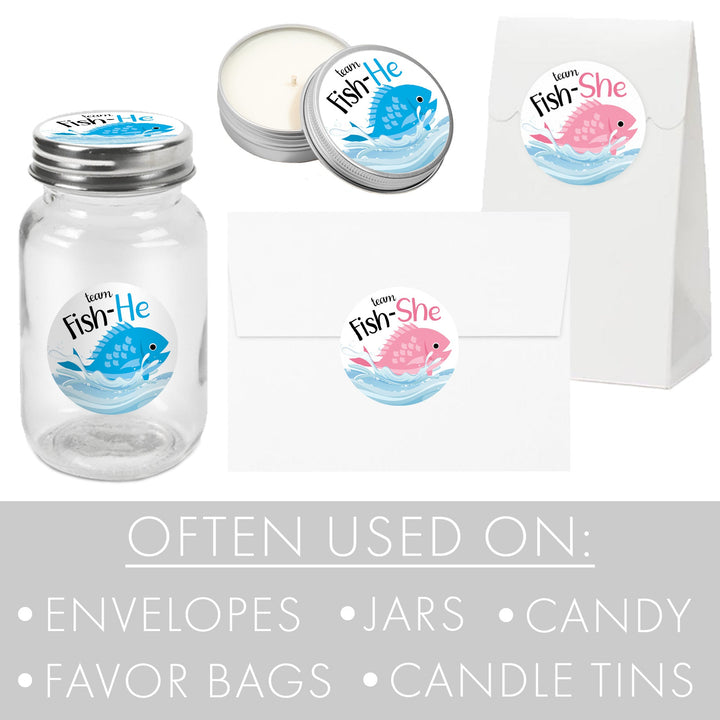 Fishing-themed Gender Reveal Party Favors: Team Fish-He or Fish-She Stickers