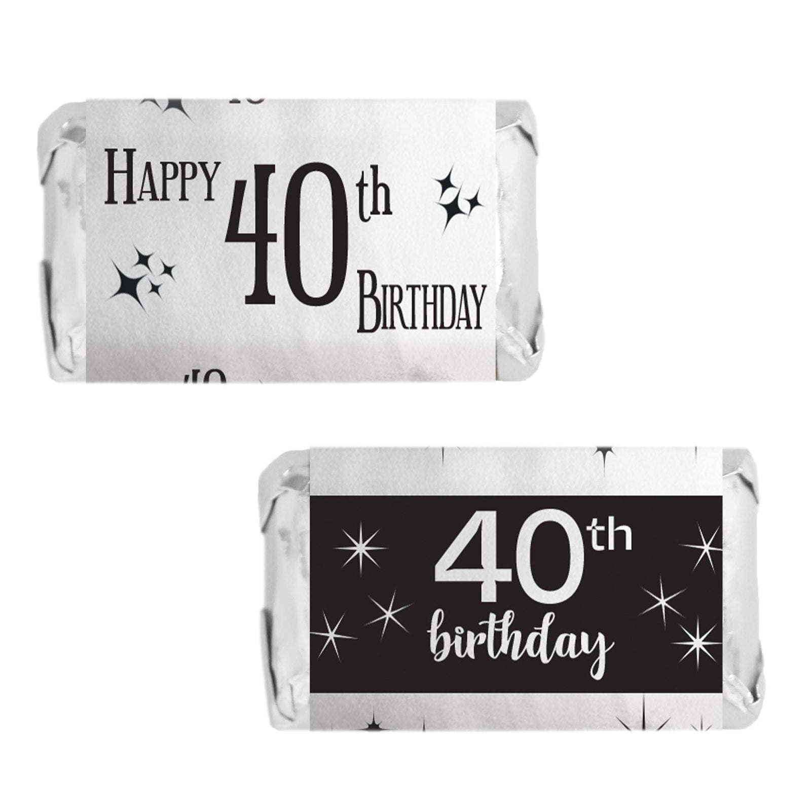 40th Birthday: Black and Silver - Adult Birthday - Hershey's Miniatures Candy Bar Wrappers Stickers - 45 Stickers - Distinctivs Party