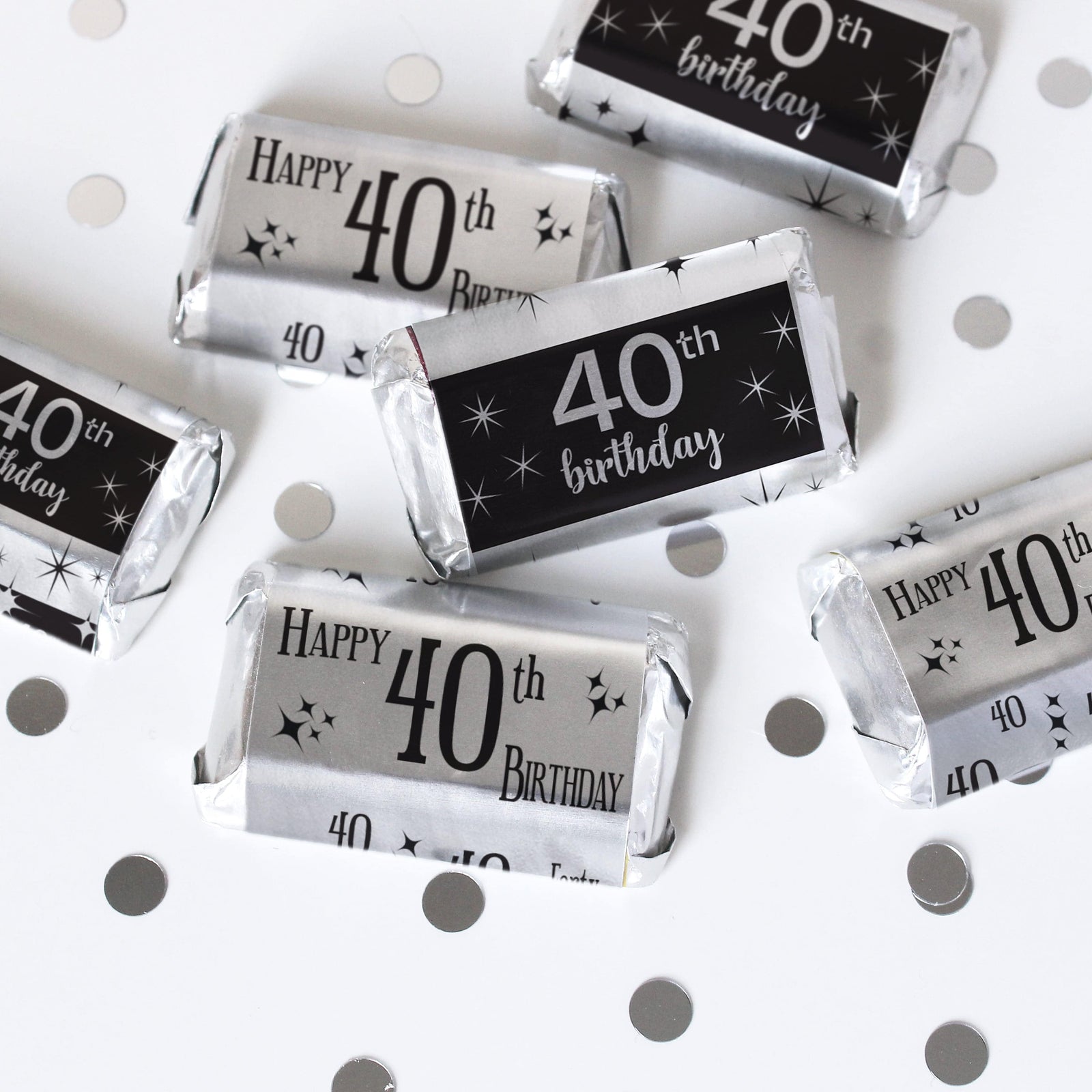 40th Birthday: Black and Silver - Adult Birthday - Hershey's Miniatures Candy Bar Wrappers Stickers - 45 Stickers - Distinctivs Party