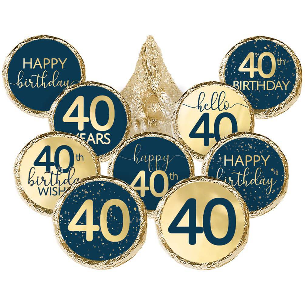 40th Birthday: Navy Blue & Gold - Adult Birthday - Stickers - Fits Hershey's Kisses Candy - Distinctivs Party