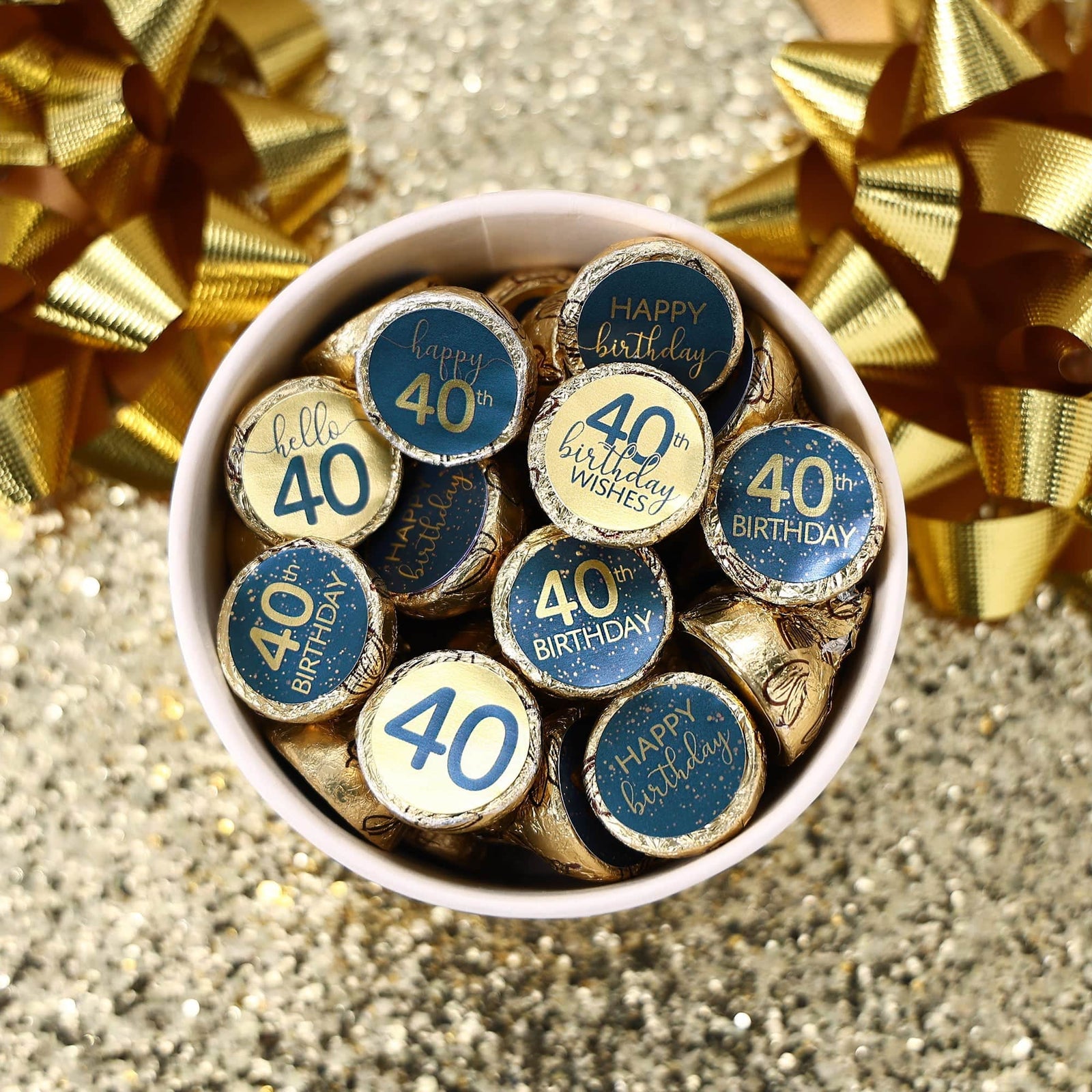 40th Birthday: Navy Blue & Gold - Adult Birthday - Stickers - Fits Hershey's Kisses Candy - Distinctivs Party