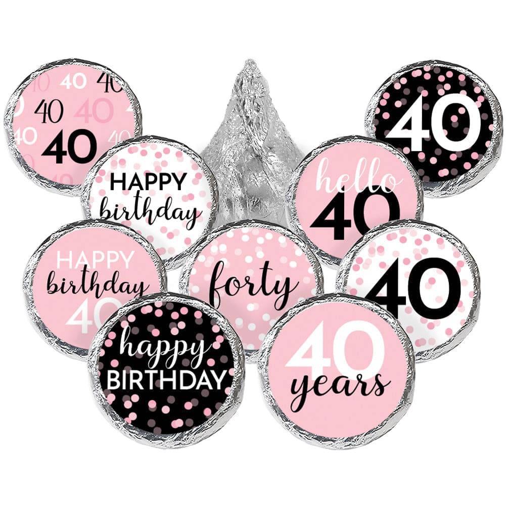 40th Birthday: Pink and Black - Adult Birthday - Party Favor Stickers - Fits on Hershey's Kisses - 180 Stickers - Distinctivs Party