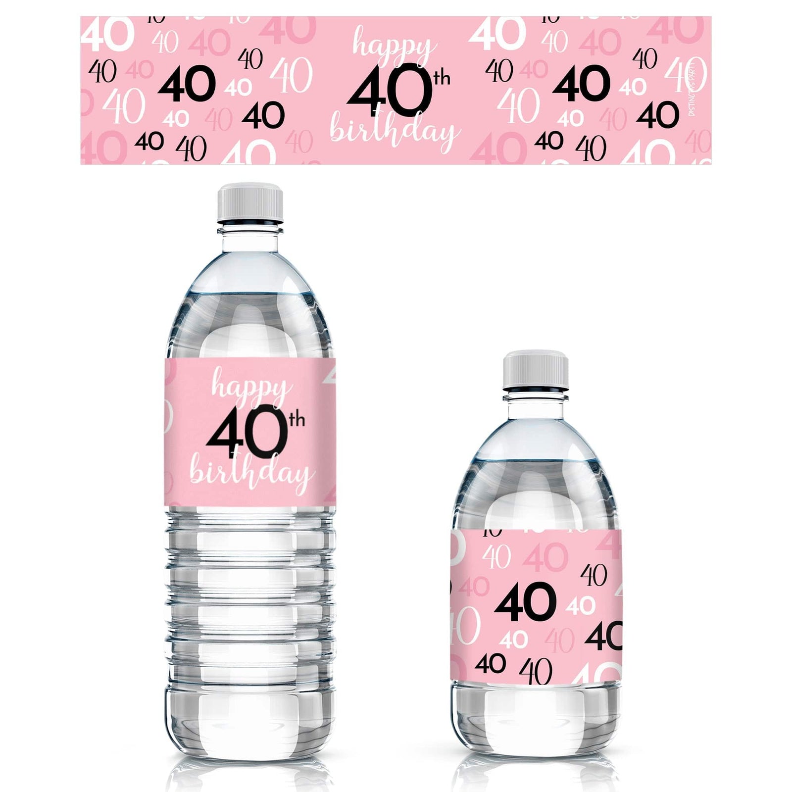 40th Birthday: Pink and Black - Adult Birthday - Water Bottle Label Stickers - 24 Waterproof Stickers - Distinctivs Party