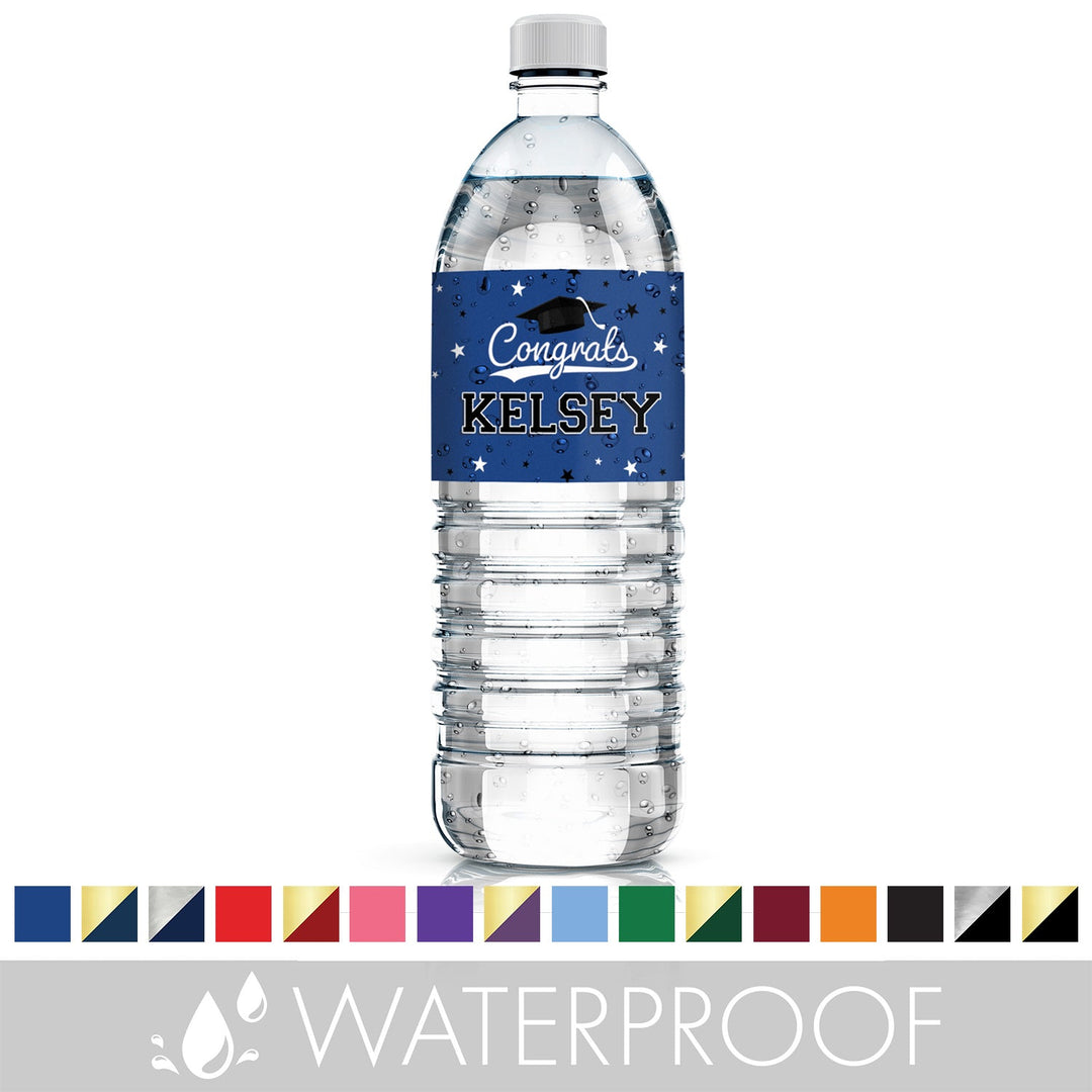 Personalized Graduation: 16 Color Choices - Custom Name and Year - Water Bottle Labels - 24, 100, or 250 Waterproof Stickers