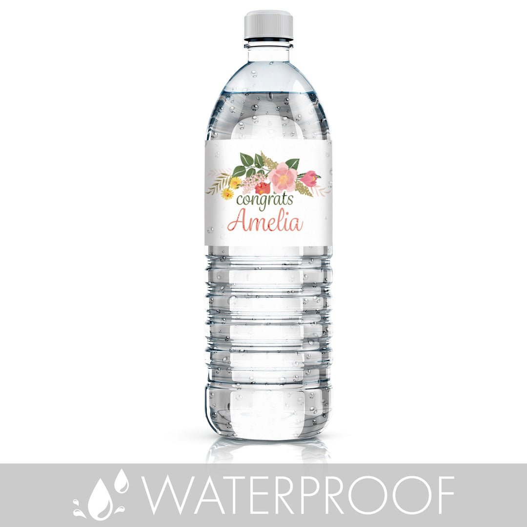 Personalized Floral Graduation Water Bottle Labels, Waterproof Grad Party Decoration - Class of 2024