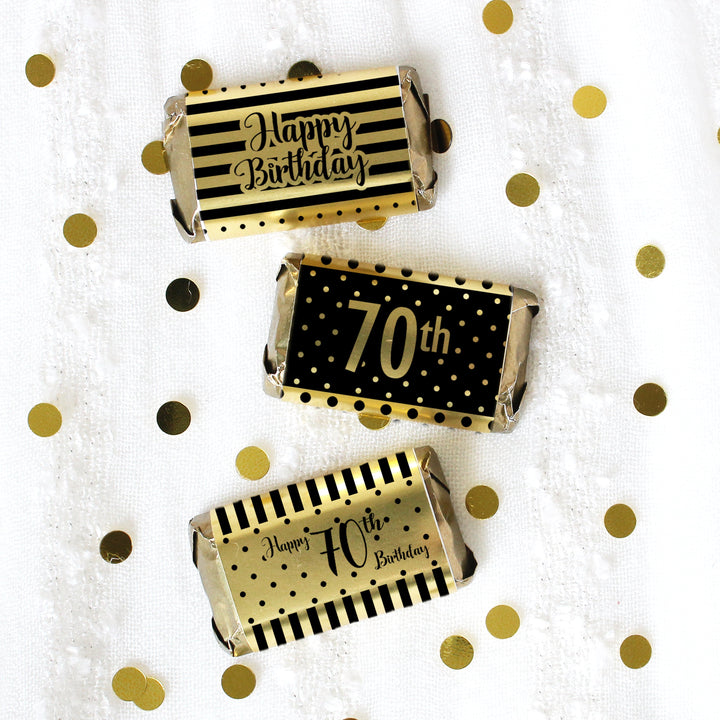 70.º cumpleaños: lámina brillante negra y dorada - Cumpleaños para adultos - Pegatinas para envoltorios de barra de caramelos en miniatura de Hershey's - 45 pegatinas