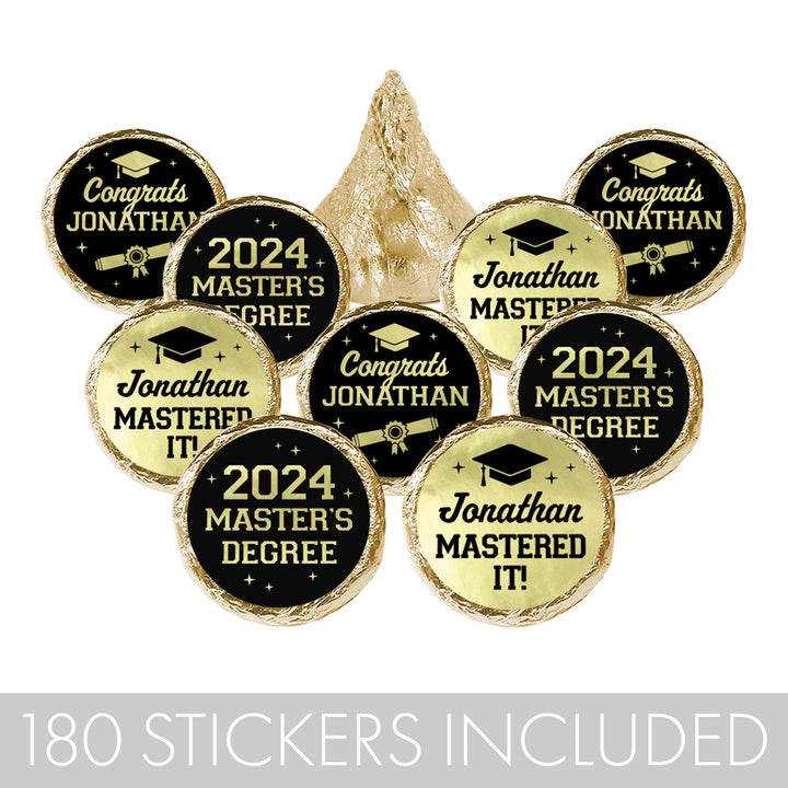 Graduación de maestría personalizada: negro y dorado - Nombre y año personalizados - Se adapta a Hershey® Kisses - 180 pegatinas