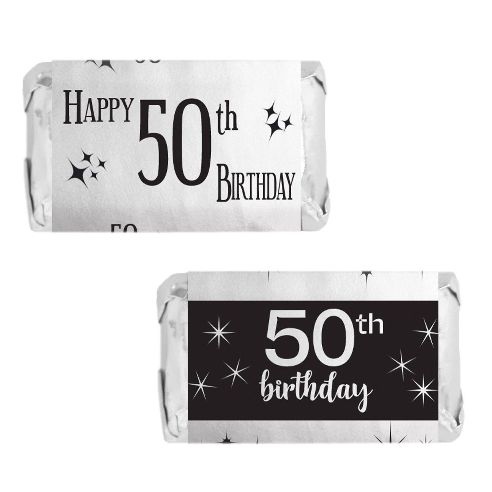 50th Birthday: Black and Silver Foil - Adult Birthday -   Hershey's Miniatures Candy Bar Wrappers Stickers - 45 Stickers - Distinctivs Party
