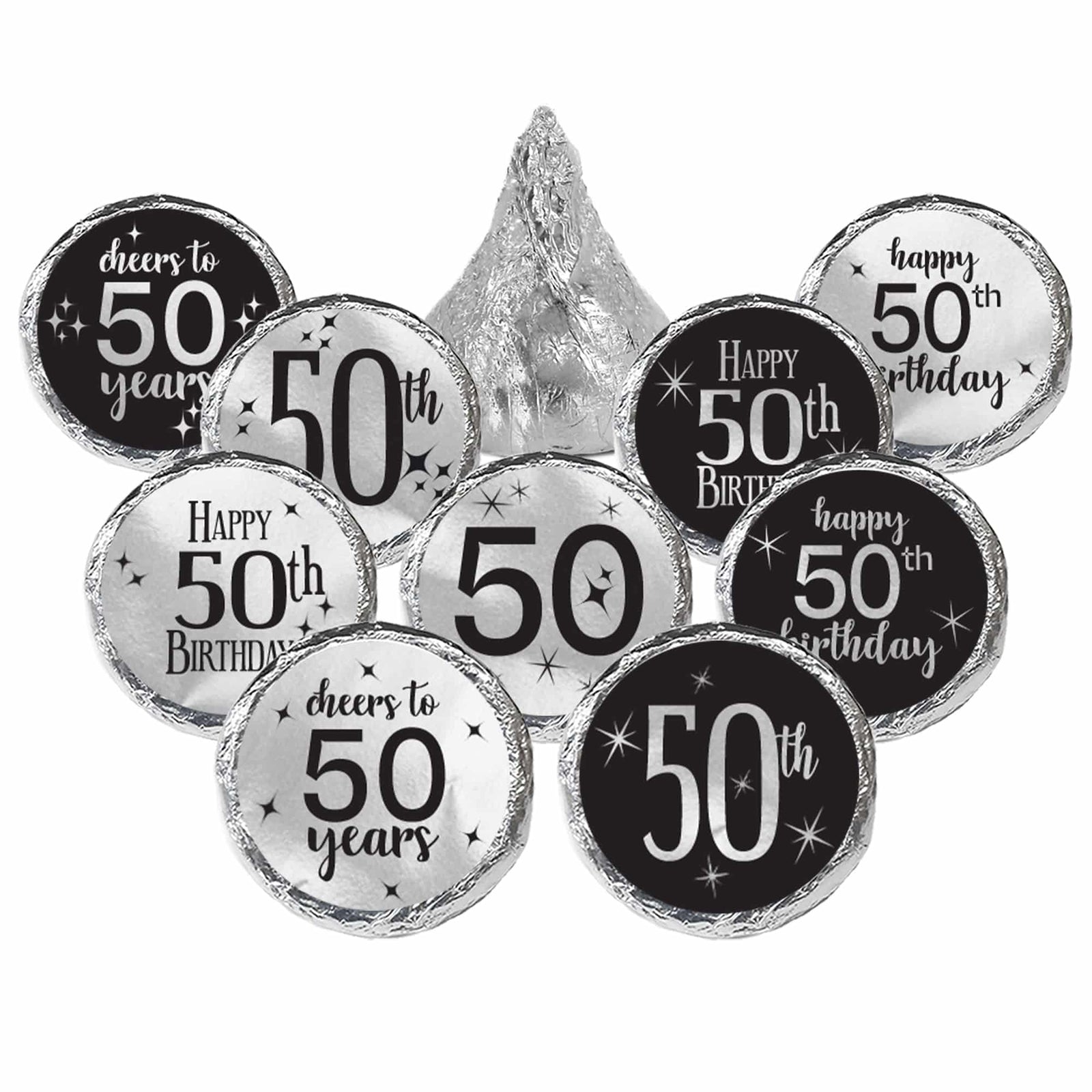 50th Birthday: Black and Silver Foil - Adult Birthday -  Party Favor Stickers - Fits on Hershey's Kisses - 180 Stickers - Distinctivs Party