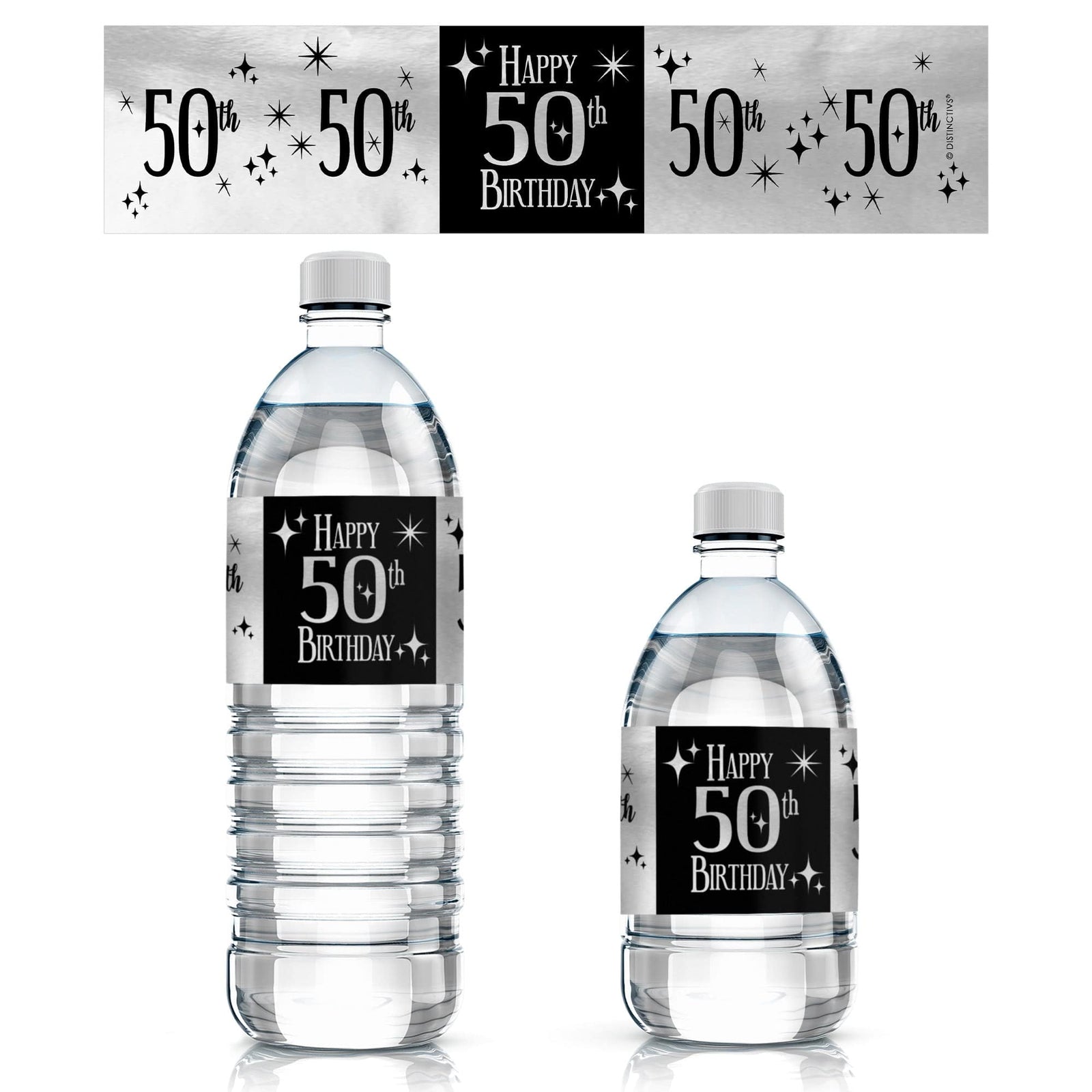 50th Birthday: Black and Silver Foil - Adult Birthday -  Water Bottle Label Stickers - 24 Waterproof Stickers - Distinctivs Party