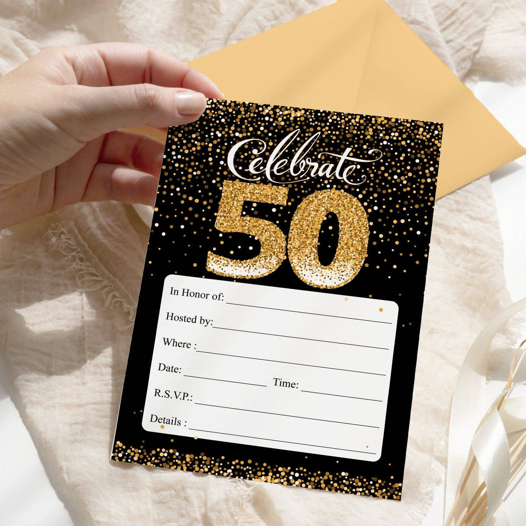 50th Birthday: Black & Gold Invitation Cards with Envelopes - Adult Birthday - 10 Pack - Distinctivs Party