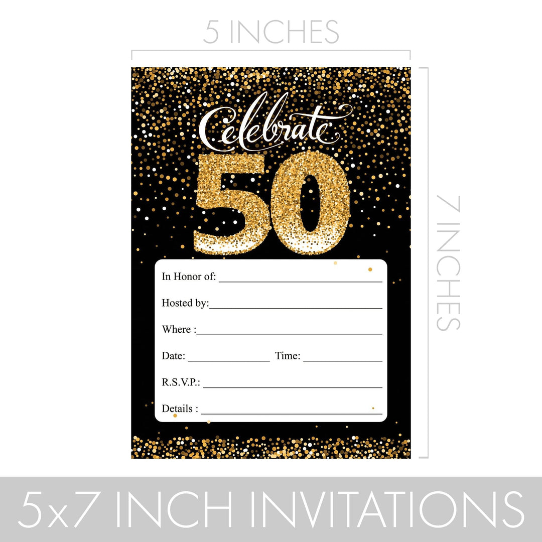 50th Birthday: Black & Gold Invitation Cards with Envelopes - Adult Birthday - 10 Pack - Distinctivs Party