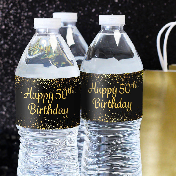 50th Birthday: Black & Gold - Water Bottle Labels - 24 Stickers - Distinctivs Party