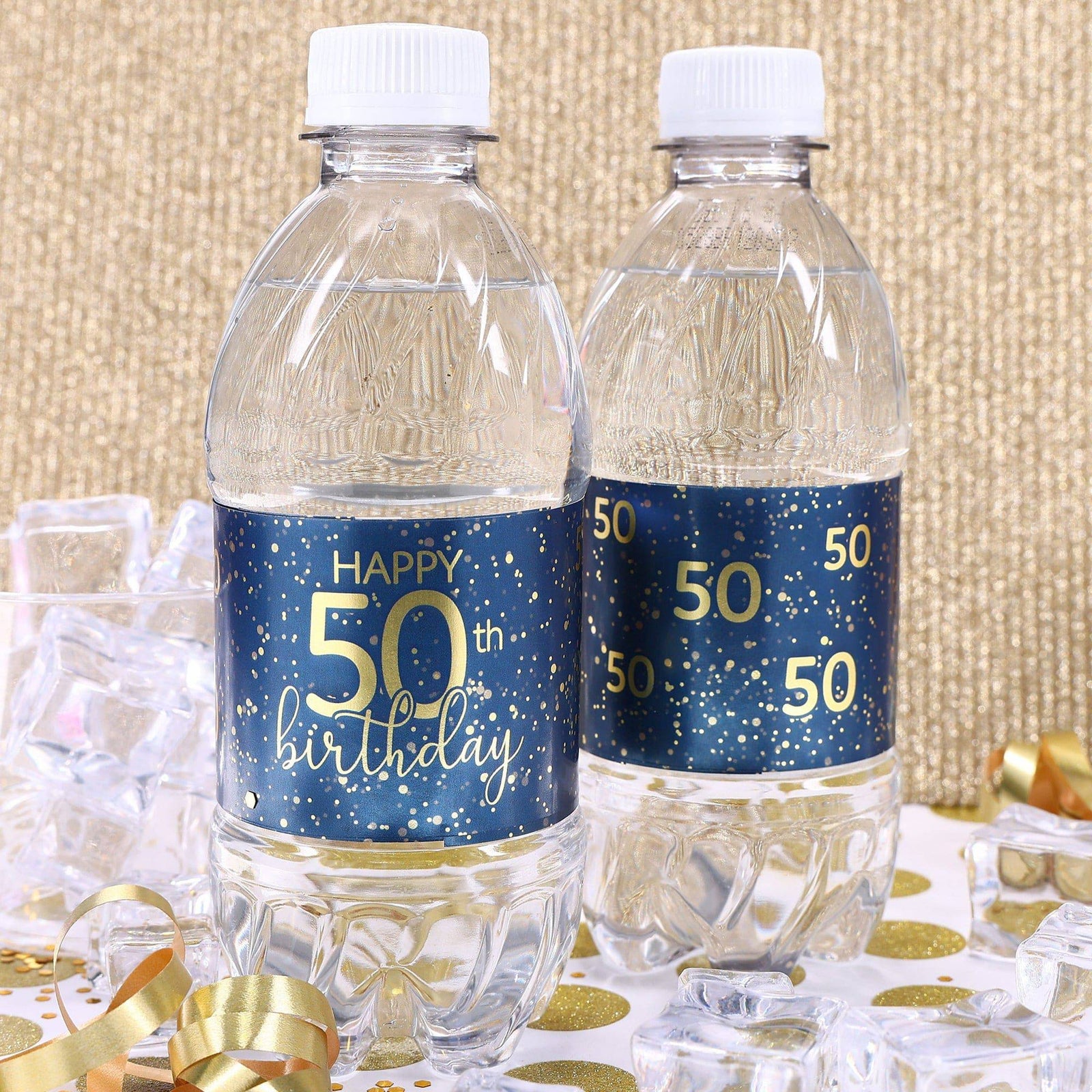 50th Birthday: Navy Blue & Gold - Adult Birthday - Water Bottle Labels - Distinctivs Party