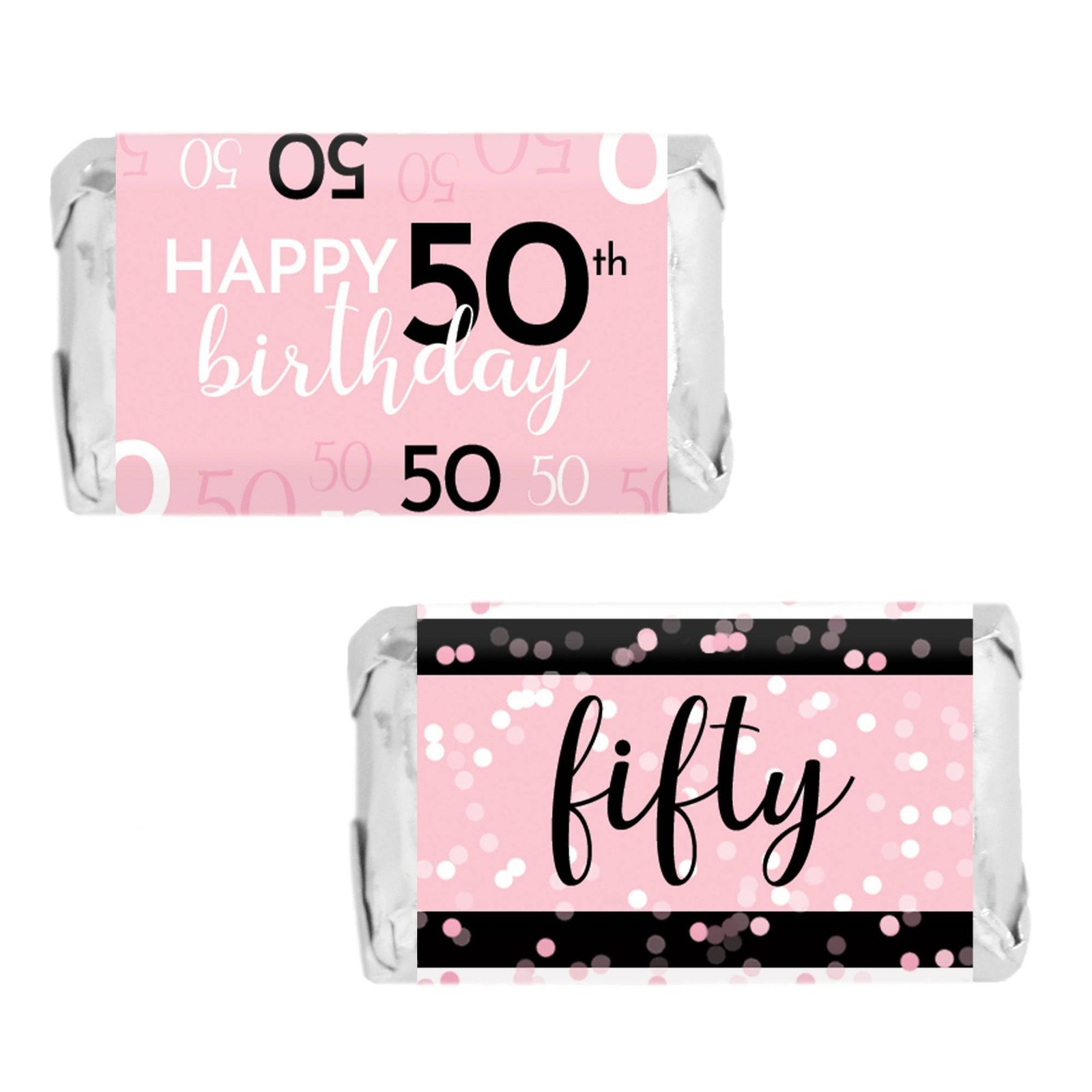 50th Birthday: Pink and Black - Adult Birthday -   Hershey's® Miniatures Candy Bar Wrappers Stickers - Distinctivs Party