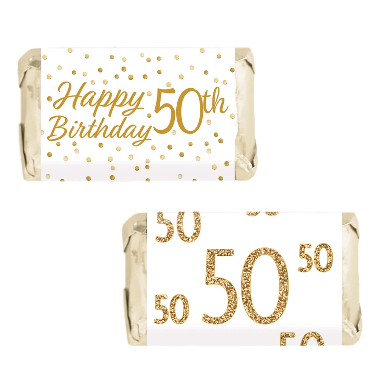 50th Birthday: White and Gold - Adult Birthday - Hershey's Miniatures Candy Bar Wrappers Stickers - 45 Stickers - Distinctivs Party