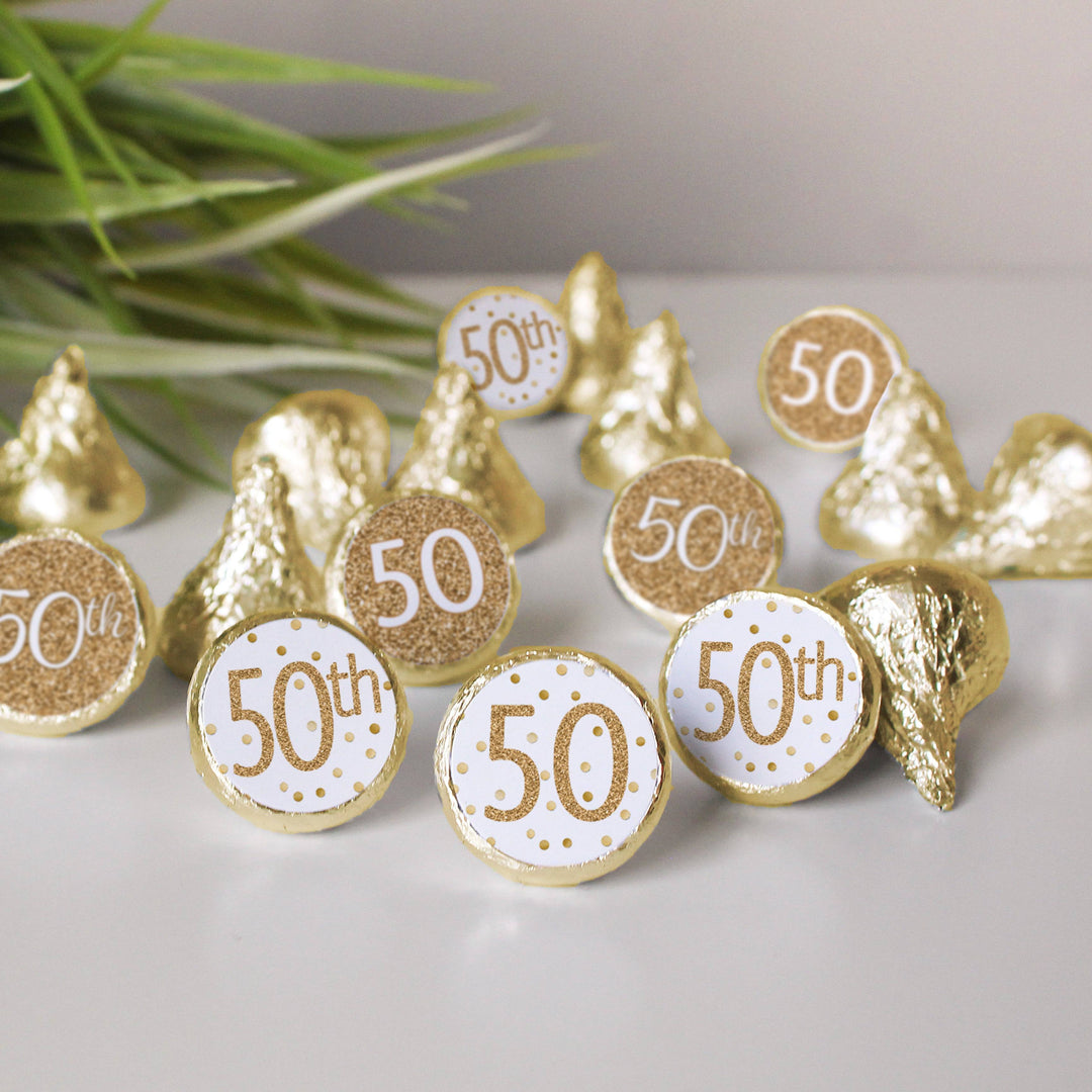 50th Birthday: White and Gold - Adult Birthday - Party Favor Stickers - Fits on Hershey's Kisses - 180 Stickers - Distinctivs Party