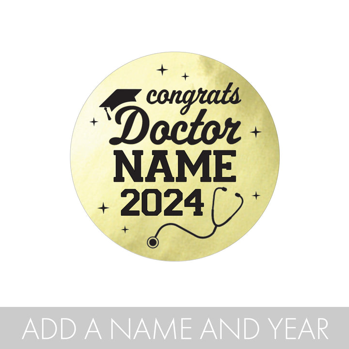 Graduación personalizada de título médico de MD: negro y dorado - Pegatinas personalizadas de recuerdo de nombre y año - 40 pegatinas