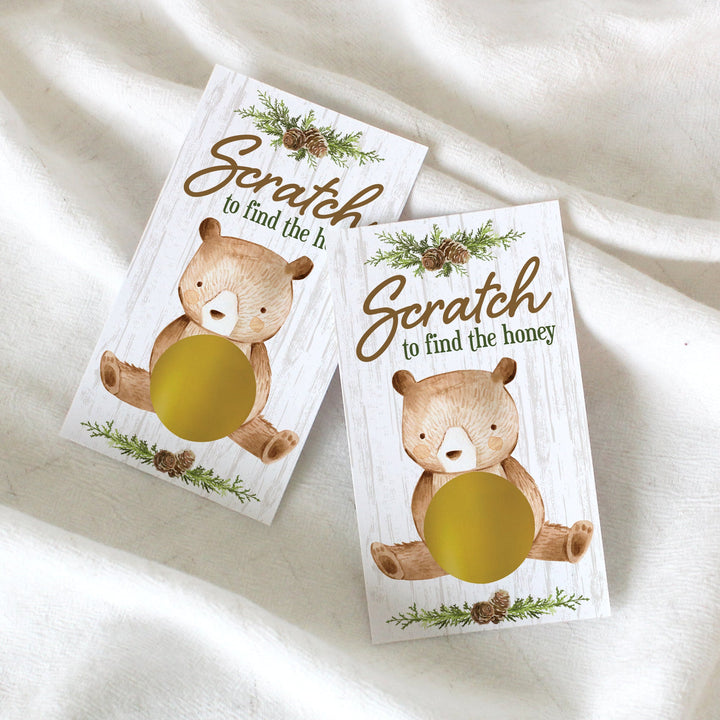 Woodland Bear: Tarjetas de juego para raspar y raspar para Baby Shower, 28 unidades