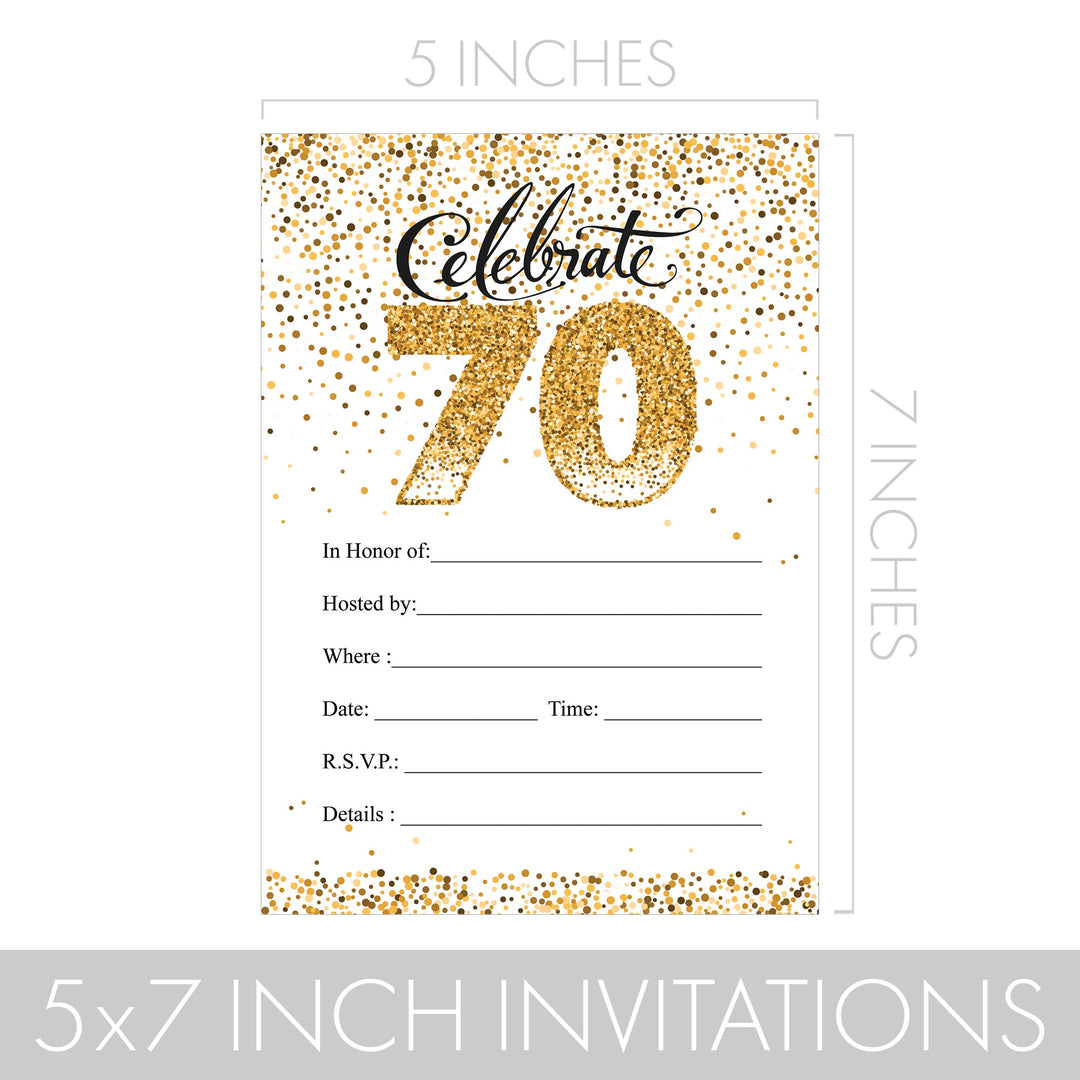 70th Birthday: White and Gold  - Adult Birthday - Party Invitations with Envelopes - 10 Pack