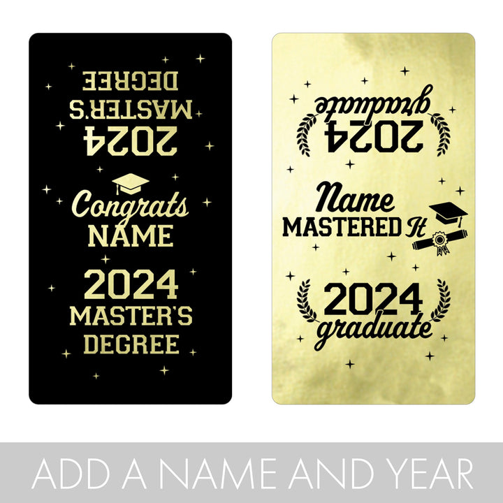 Personalized Master's Degree Graduation: Black and Gold - Custom Name & Year - Candy Bar Wrappers - Fits on Hershey® Miniatures - 45 Stickers