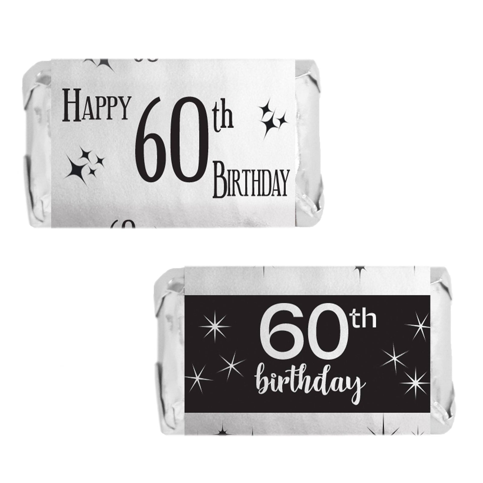 60th Birthday: Black and Silver - Adult Birthday - Hershey's Miniatures Candy Bar Wrappers Stickers - 45 Stickers - Distinctivs Party