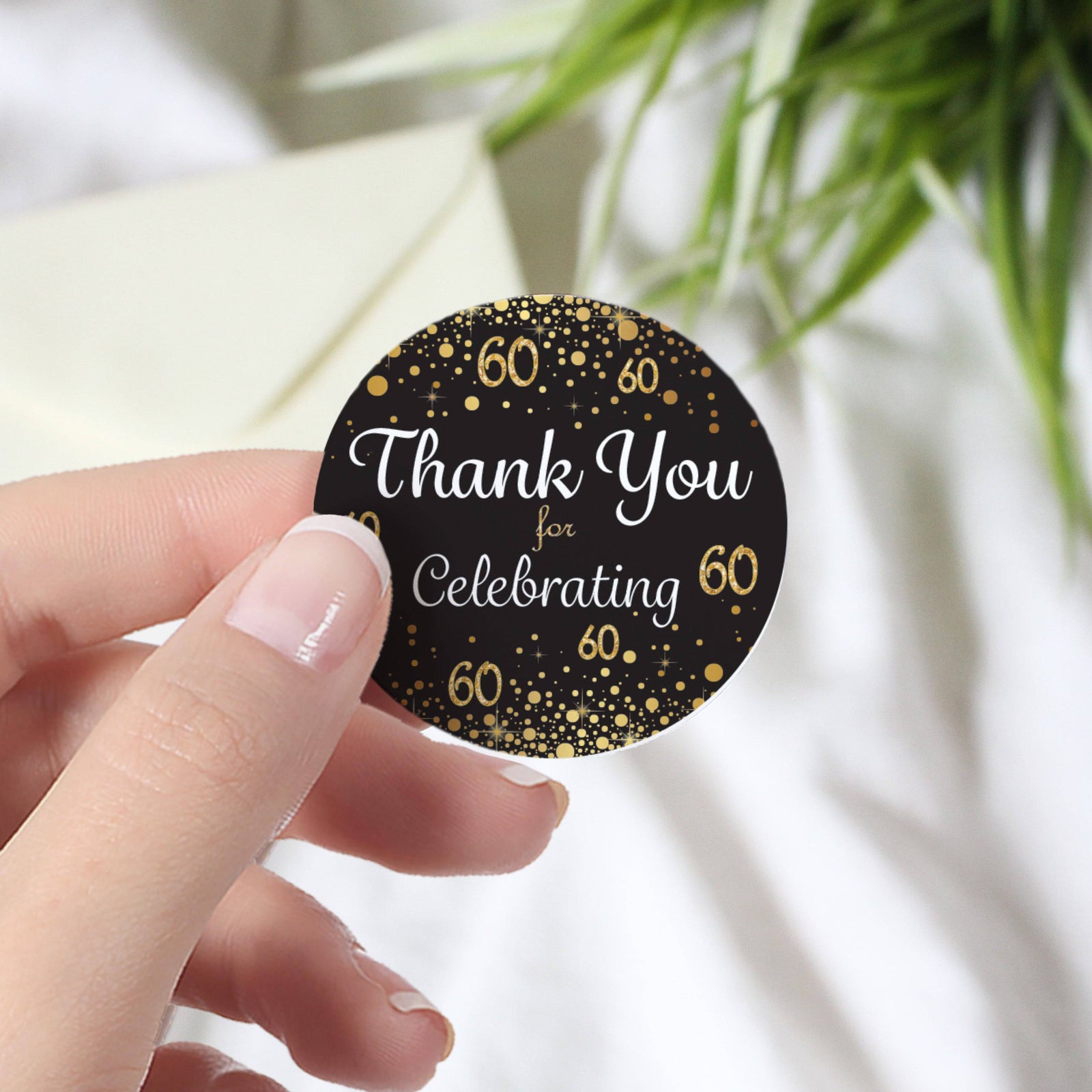 60th Birthday: Black & Gold - Adult Birthday - Thank You Stickers - 40 Stickers - Distinctivs Party